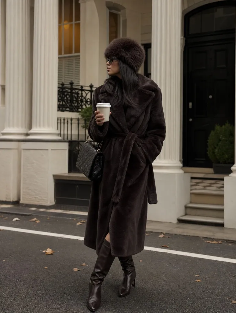 Woman in dark brown faux fur coat and matching fur hat with knee-high boots walking a London street