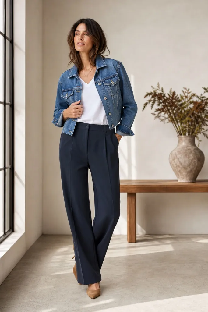 Denim jacket with white v-neck and navy wide-leg trousers