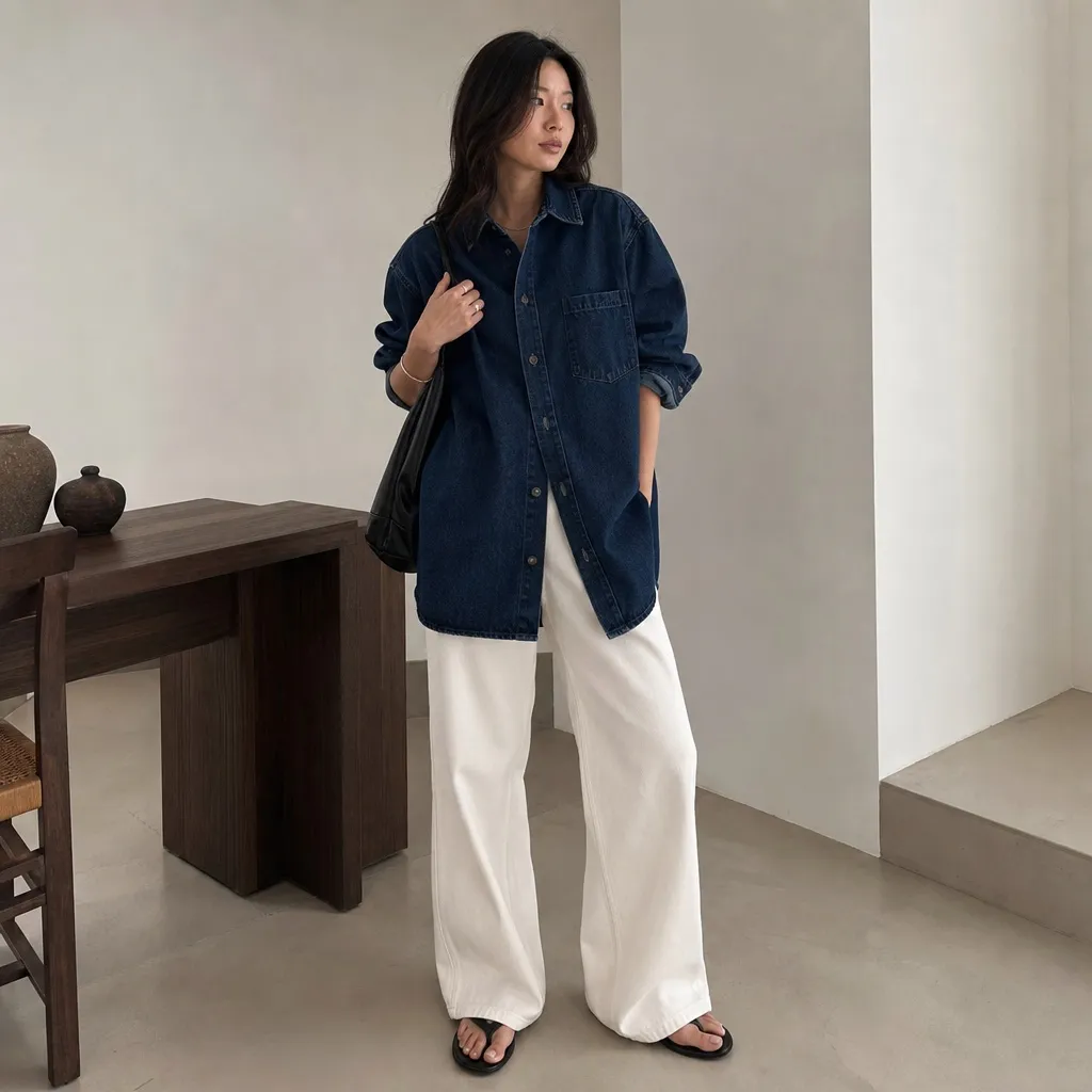 Dark denim oversized shirt with white wide-leg pants and sandals