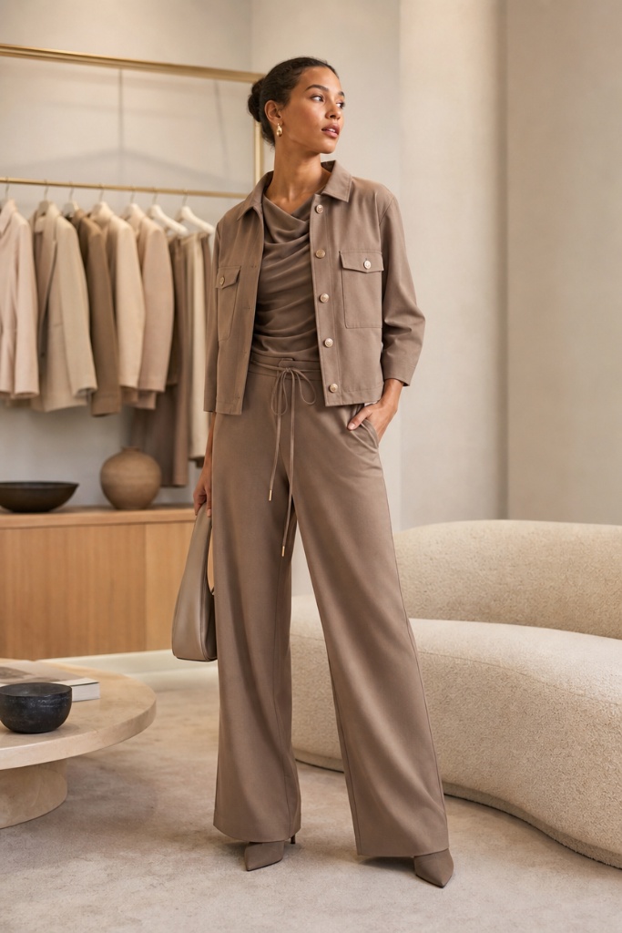Monochrome taupe jacket, cowl neck top, and wide-leg drawstring trousers