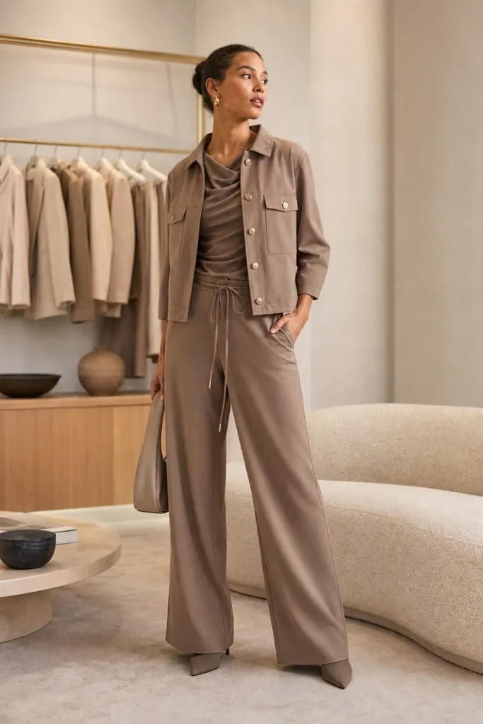 Monochrome taupe jacket, cowl neck top, and wide-leg drawstring trousers