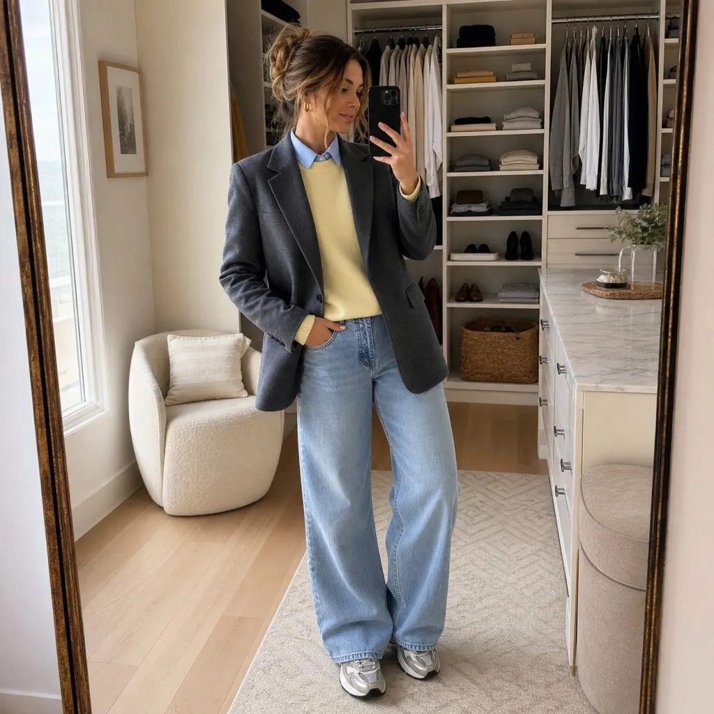 Oversized gray wool blazer over a pale yellow sweater and a blue collared shirt with wide-leg light-wash jeans