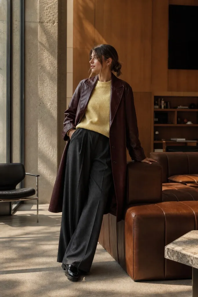 Burgundy leather trench coat over a soft yellow sweater with charcoal wide-leg trousers and black loafers