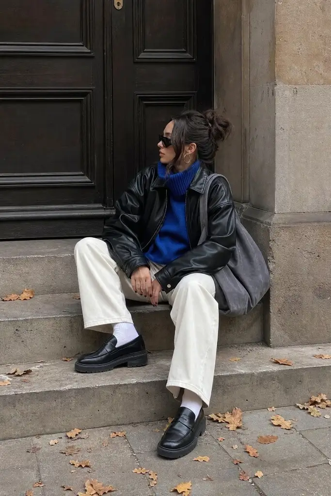 Black leather jacket with cobalt blue turtleneck and cream jeans