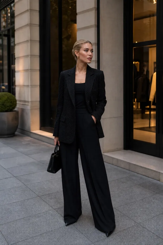 Black textured blazer over a black top with flowing black wide-leg trousers and a black bag