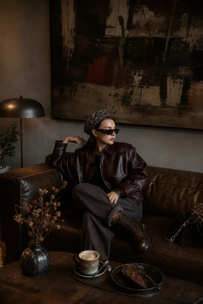 Dark leather jacket with grey trousers