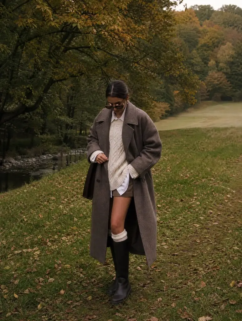 Woman in grey wool coat, cream cable knit, shorts, knee socks and tall black boots in autumn field
