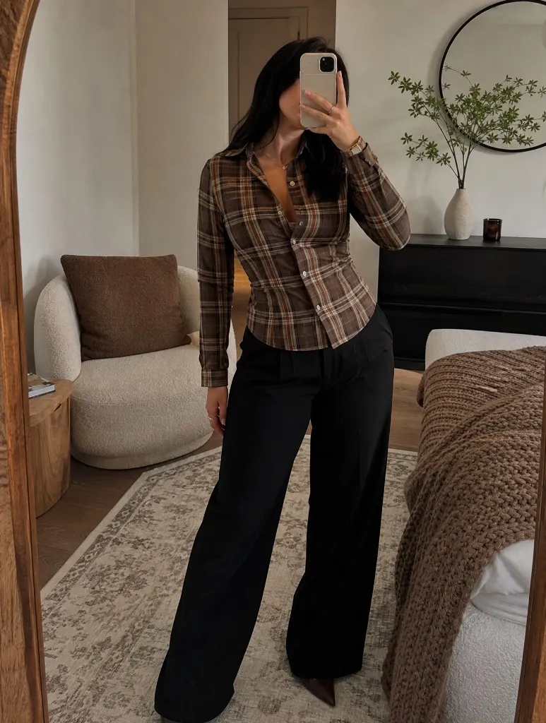 Brown fitted plaid shirt with black wide-leg trousers