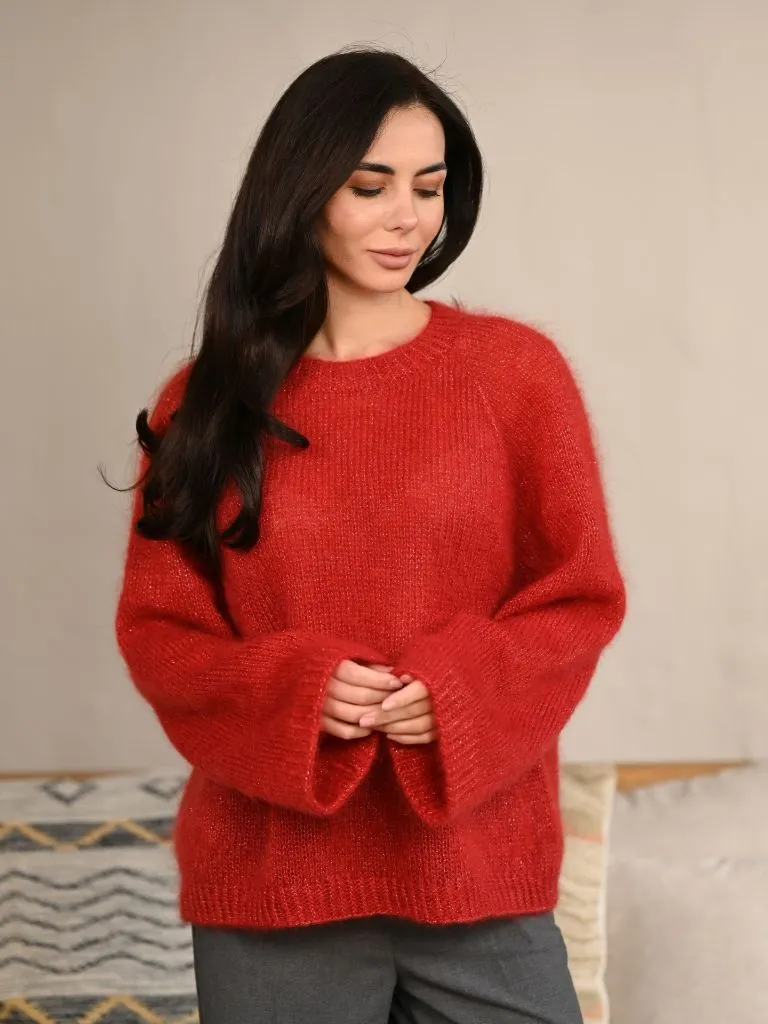 Deep red mohair sweater with subtle metallic thread