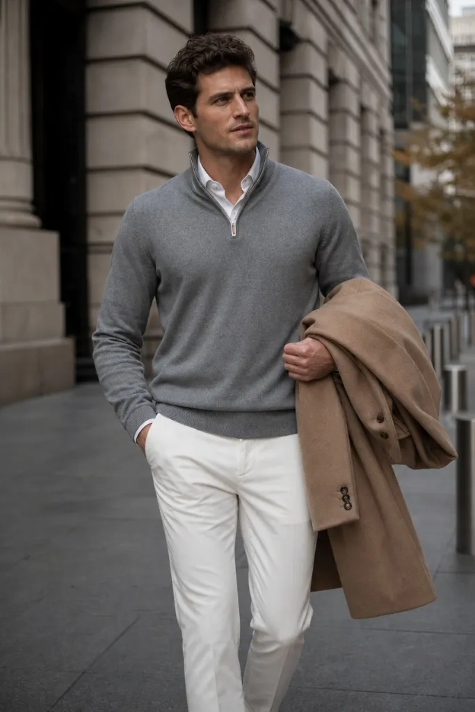Classic men's fall style with grey quarter-zip sweater, white trousers, and camel overcoat