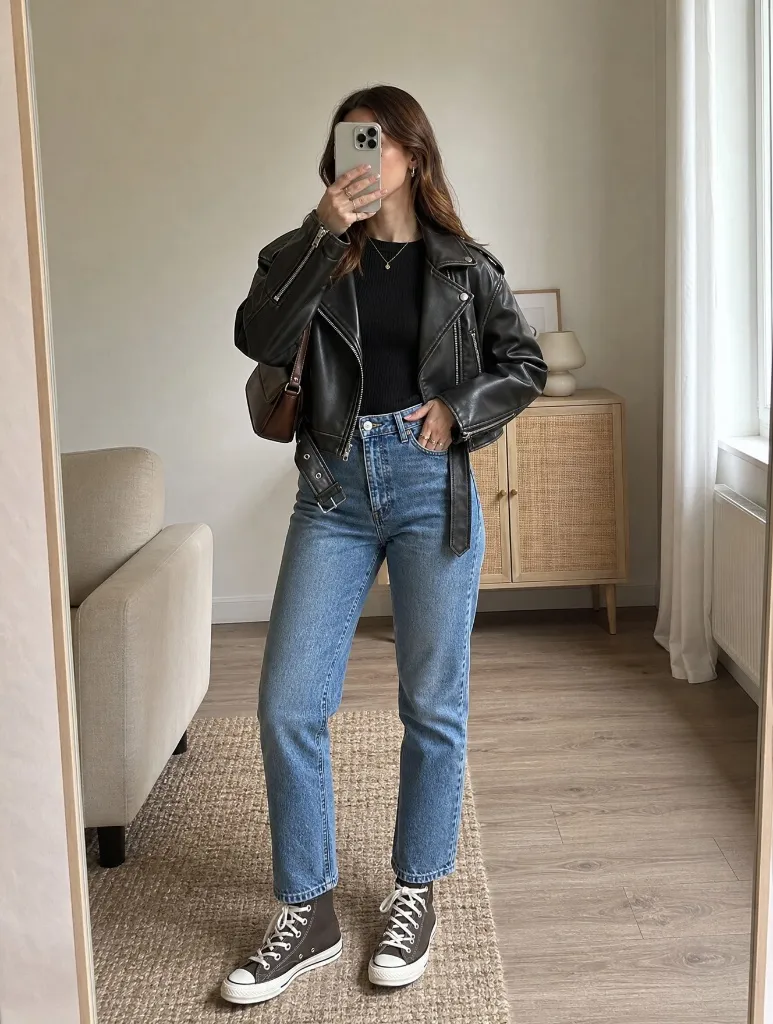Black cropped leather jacket with straight jeans and brown high-top sneakers