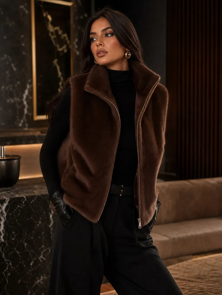 Brown faux-fur vest over black turtleneck with black trousers