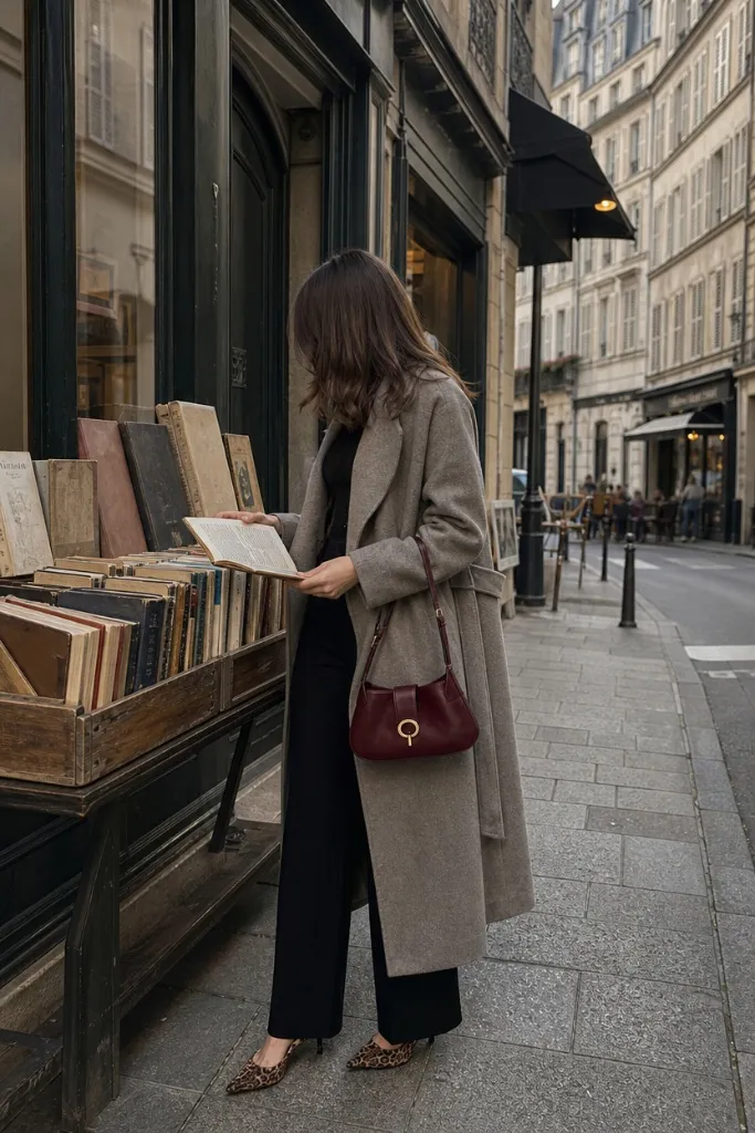 Grey wool coat with burgundy bag browsing books