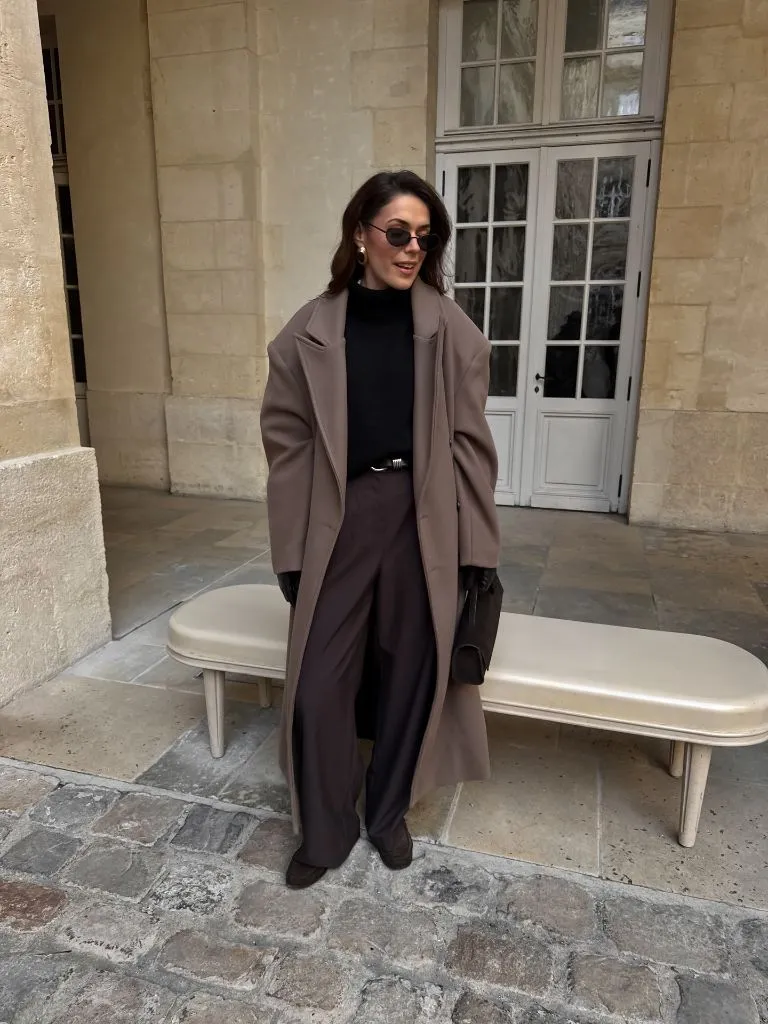 Taupe coat with brown trousers outfit