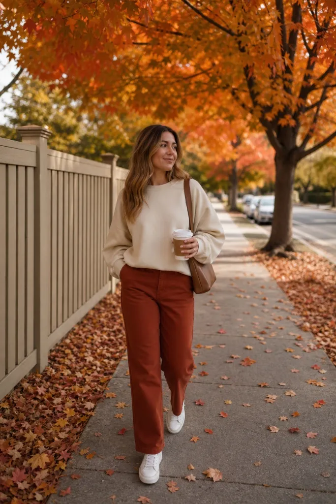 Cream oversized sweatshirt with rust-colored wide-leg chinos and white sneakers in autumn setting