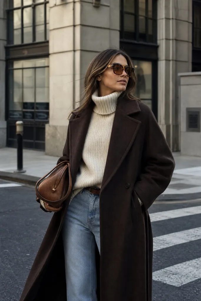Dark brown wool coat over cream turtleneck sweater and light wash jeans with cognac leather bag