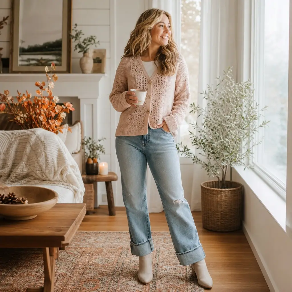 Pink knit cardigan with light jeans and ankle booties at home