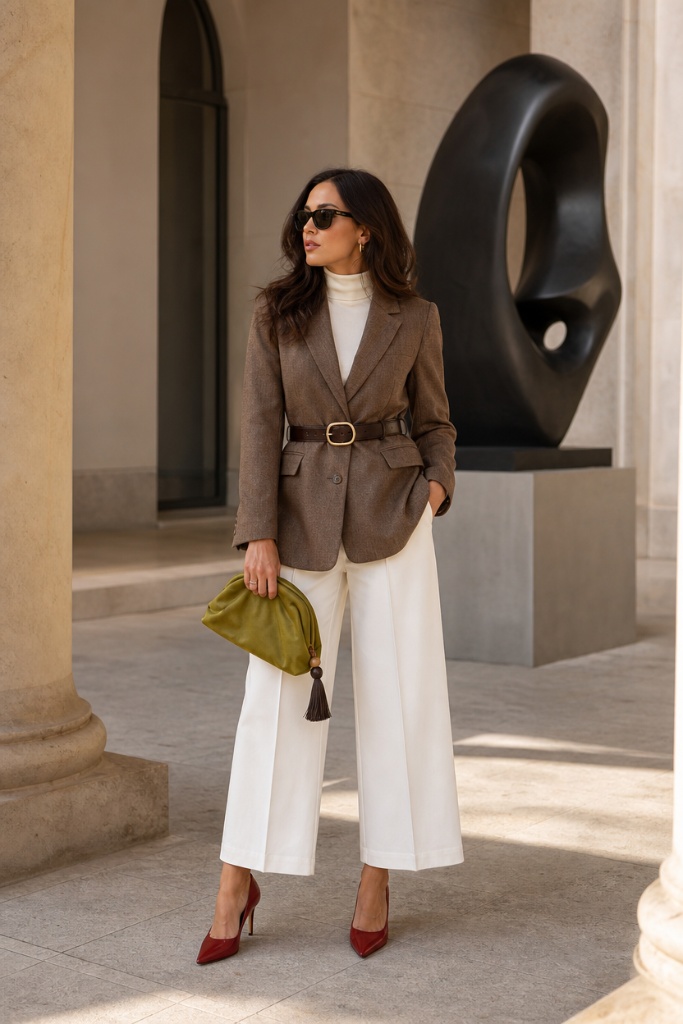 Brown belted blazer with white wide-leg trousers and red heels