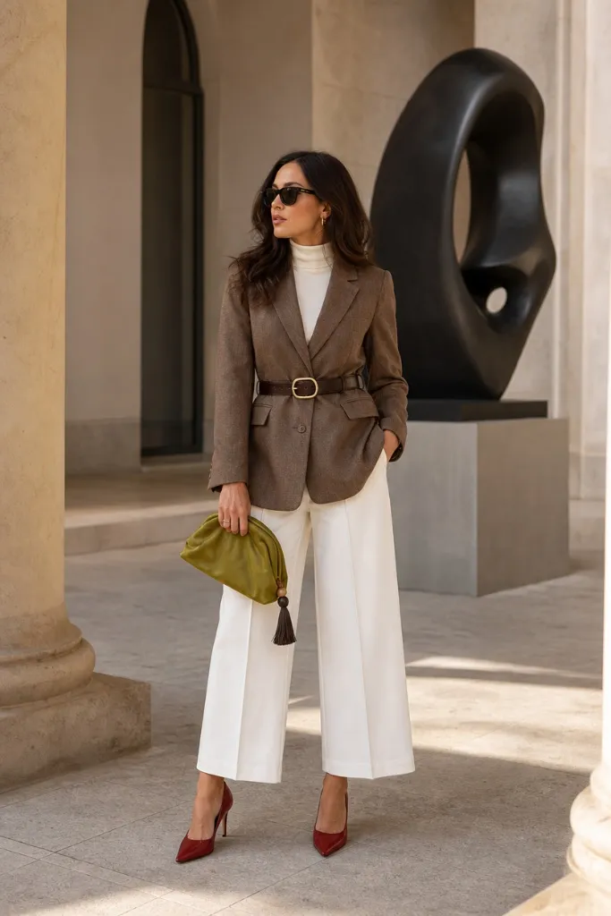 Brown belted blazer with white wide-leg trousers and red heels