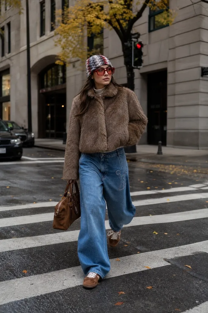 Brown faux fur jacket with patterned beanie, baggy jeans and suede sneakers