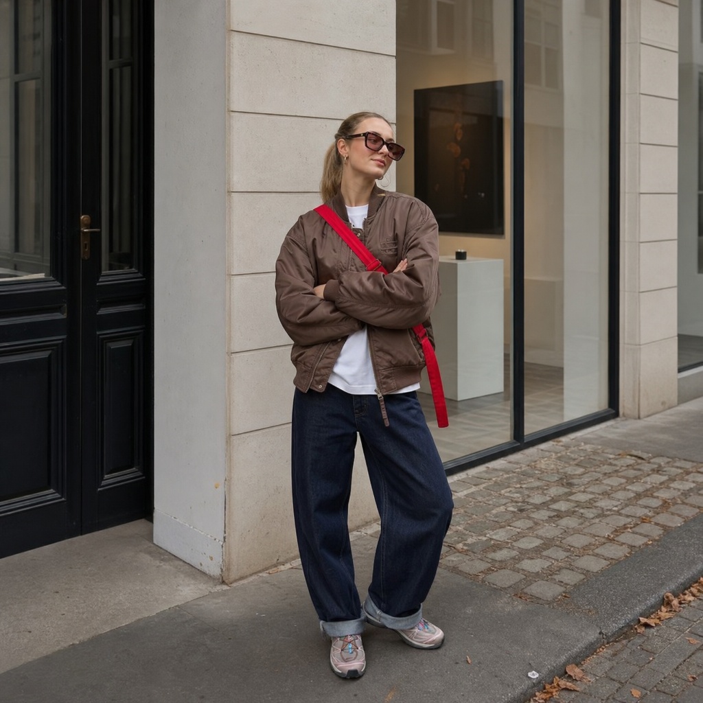 Brown bomber jacket with red crossbody and wide jeans