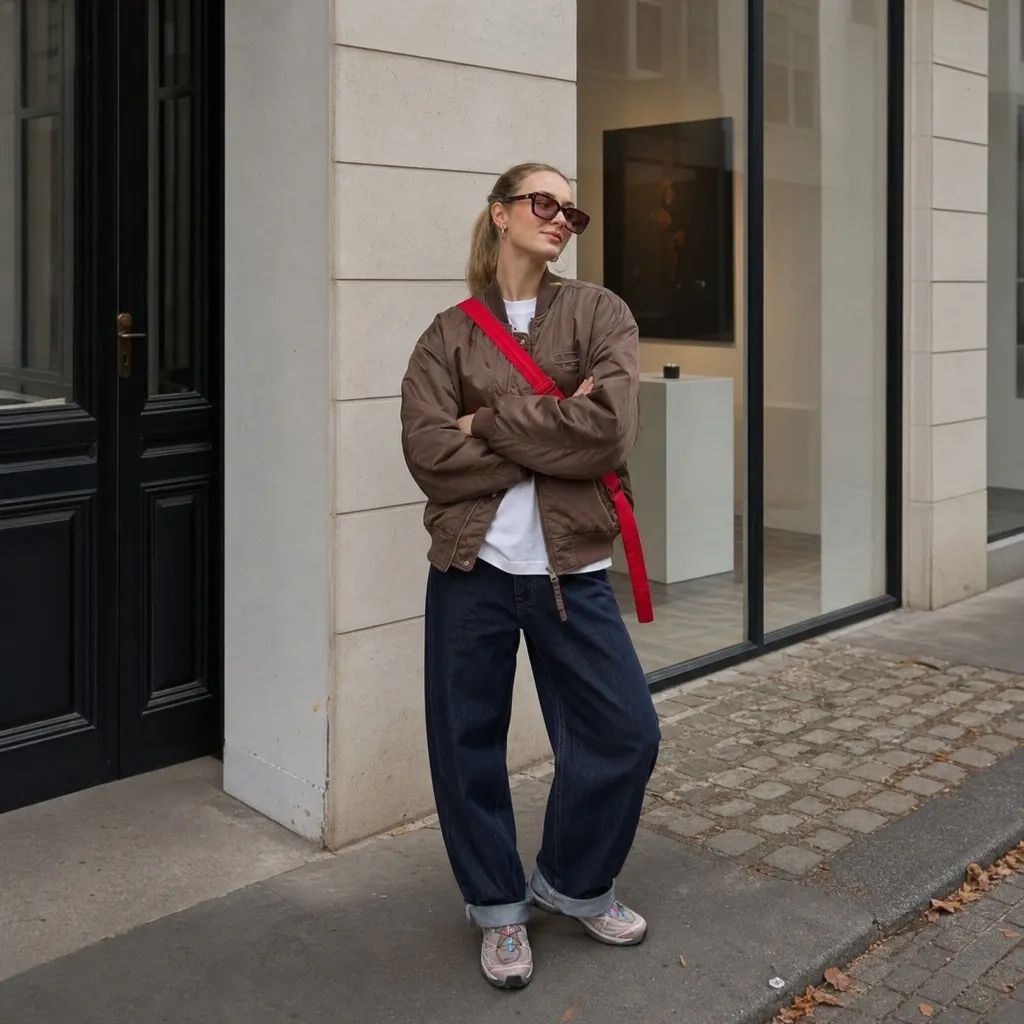 Brown bomber jacket with red crossbody and wide jeans