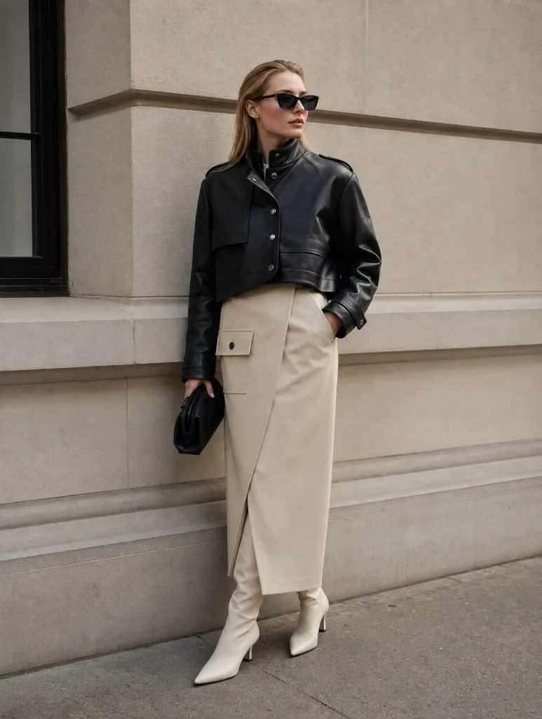 Woman in black cropped leather jacket, cream wrap maxi skirt and white pointed boots
