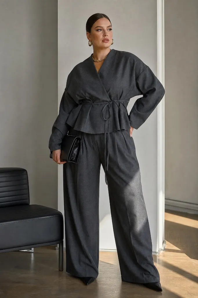 Charcoal grey wrap-front blazer and wide-leg trouser suit