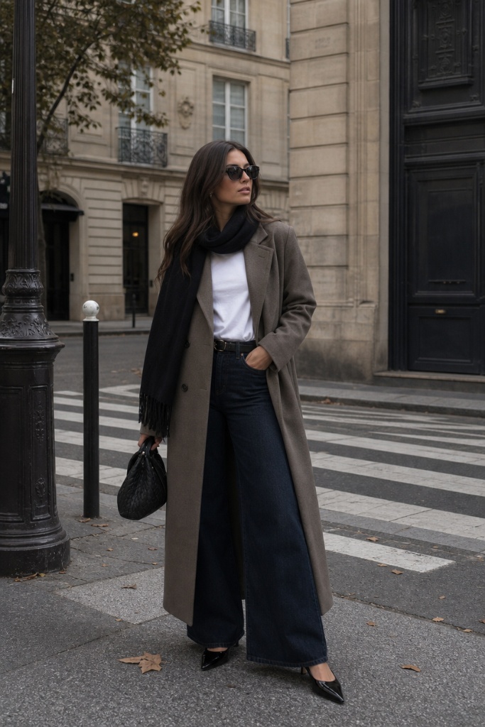 Taupe long coat with white tee, scarf, and wide-leg dark jeans