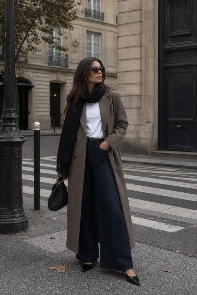 Taupe long coat with white tee, scarf, and wide-leg dark jeans