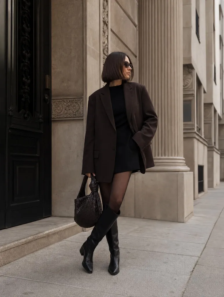 Woman in dark brown oversized blazer over black mini dress with sheer tights and tall black boots