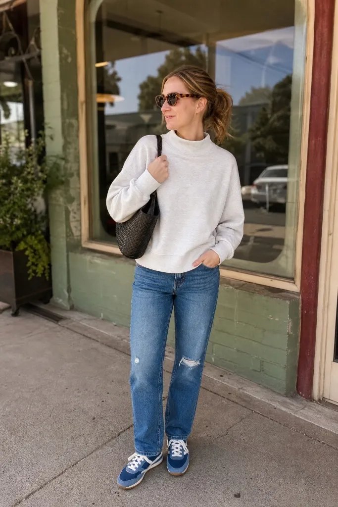 Cream mock neck sweatshirt with straight jeans and blue suede sneakers