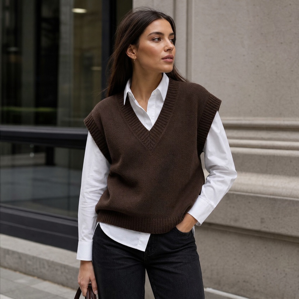 Brown sweater vest over white shirt with black jeans