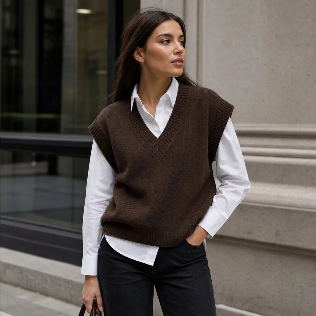Brown sweater vest over white shirt with black jeans