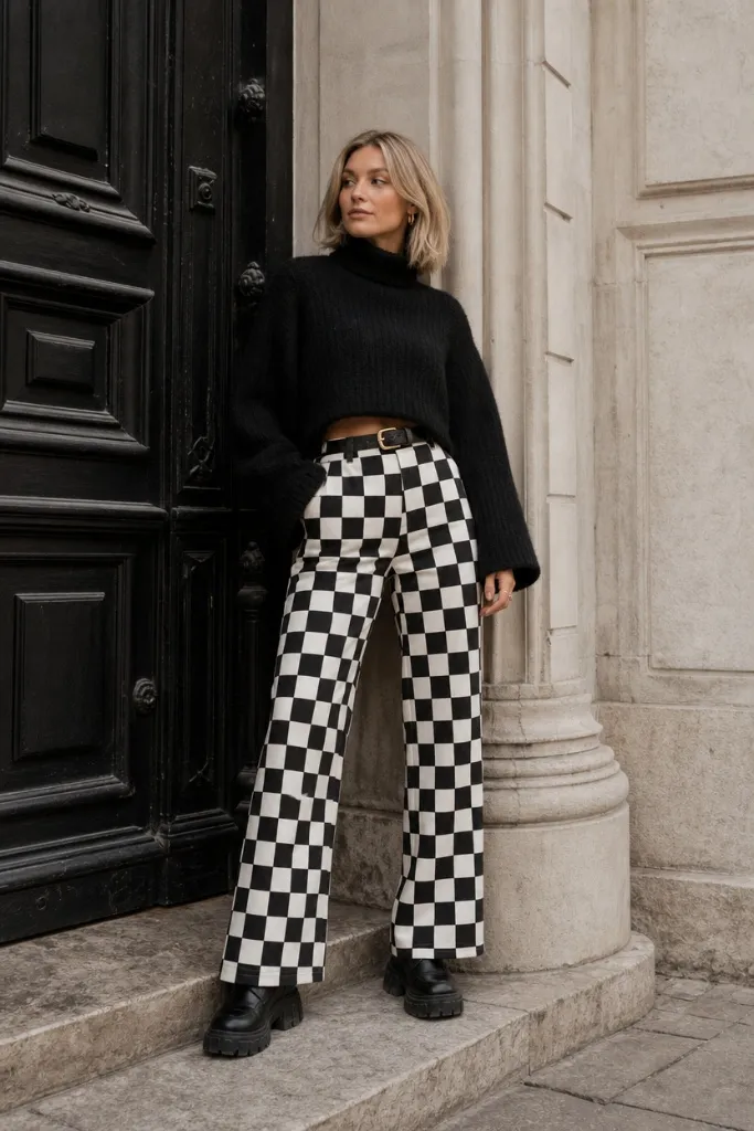 Black cropped turtleneck sweater with black and white checkerboard wide-leg pants