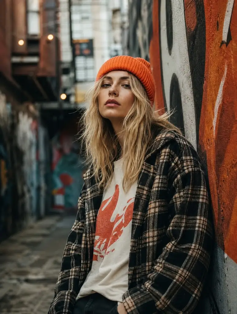 Orange beanie with oversized plaid flannel over graphic tee in urban graffiti alley