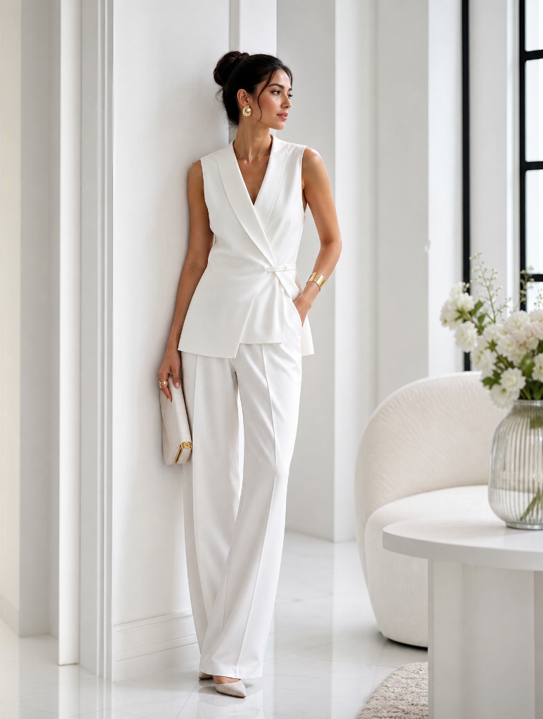 Ivory sleeveless tailored vest with matching white wide-leg trousers