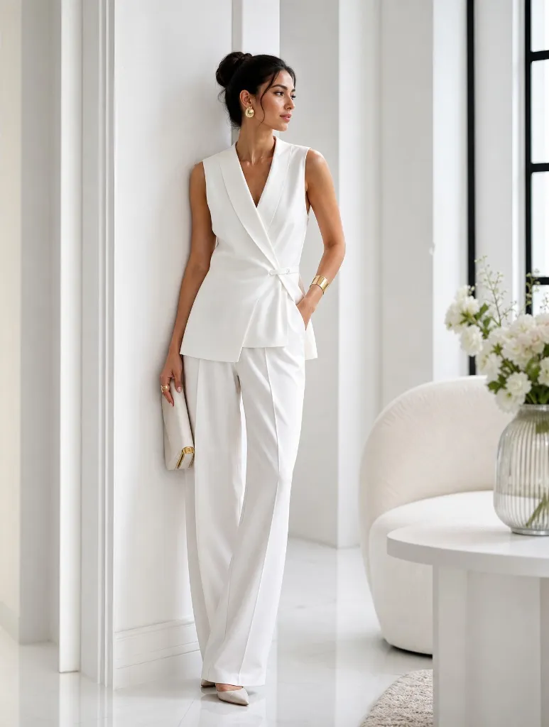 Ivory sleeveless tailored vest with matching white wide-leg trousers