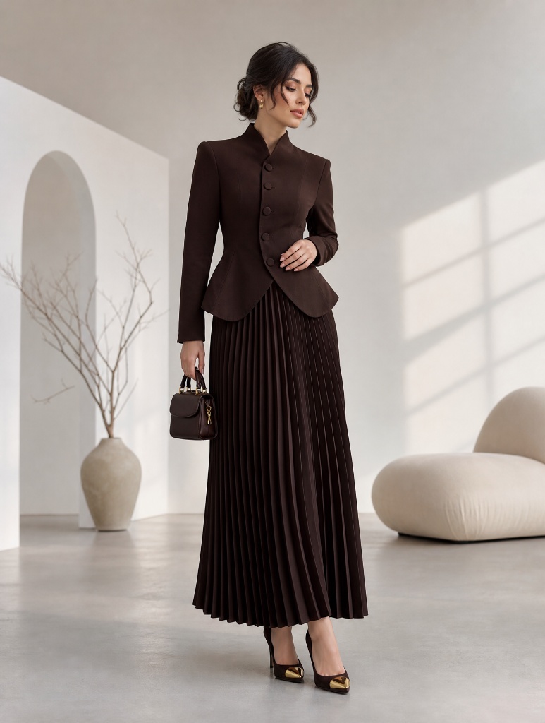 Dark brown fitted blazer with mandarin collar and chocolate pleated maxi skirt with small structured bag