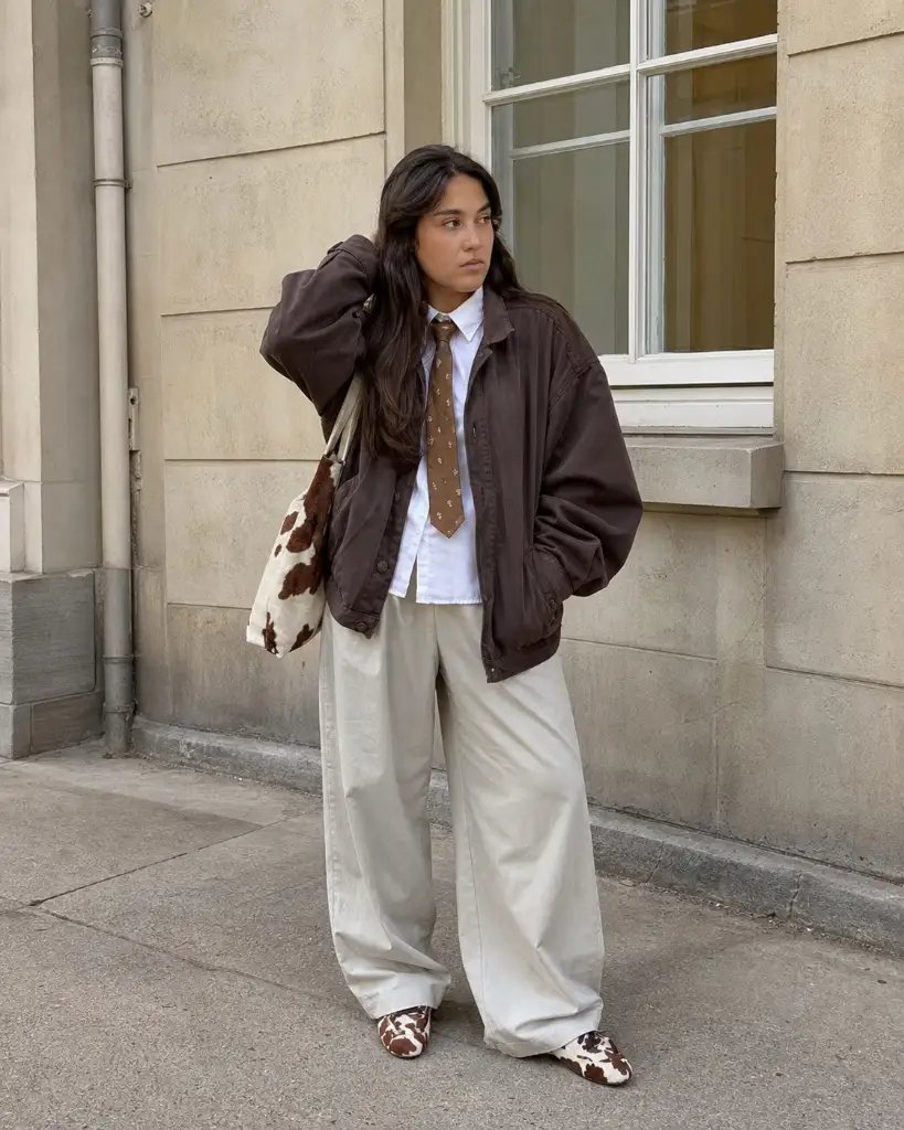 Brown jacket with tie, wide cream trousers, cow-print accessories