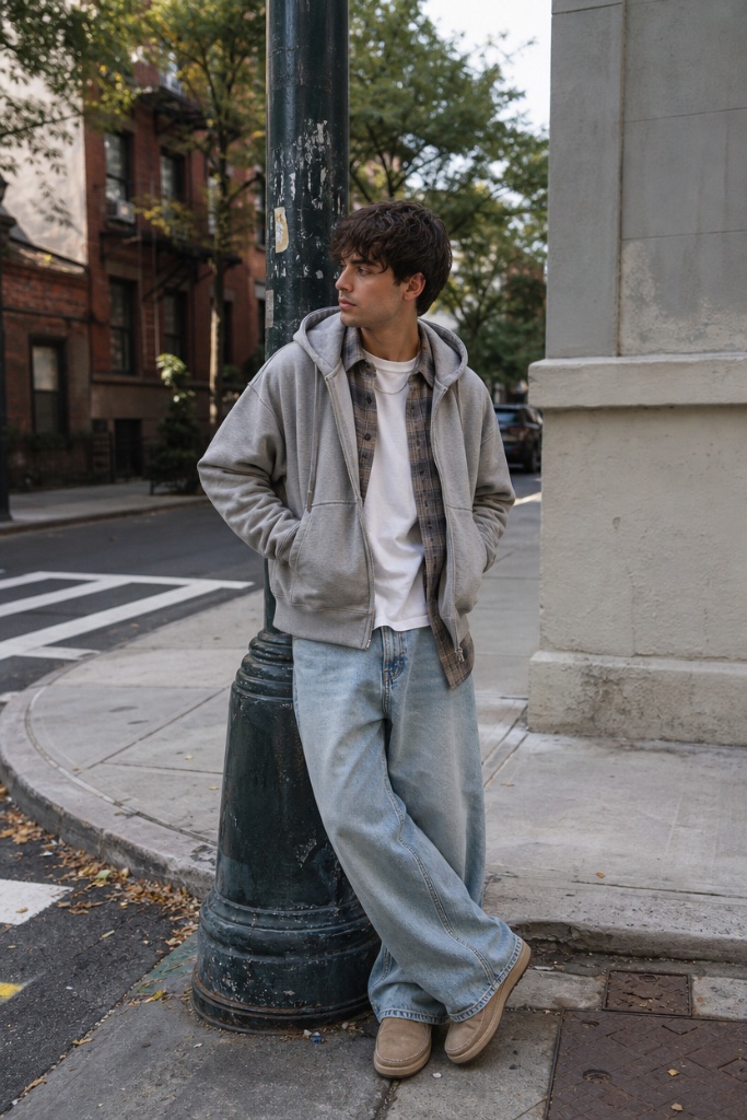 Casual layered men's fall outfit with grey zip hoodie, plaid flannel, white tee, and wide-leg light jeans