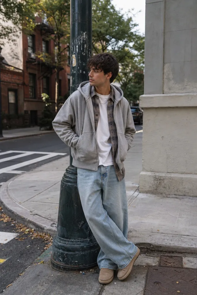 Casual layered men's fall outfit with grey zip hoodie, plaid flannel, white tee, and wide-leg light jeans