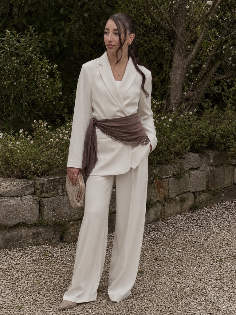 White blazer suit with brown lace sash belt