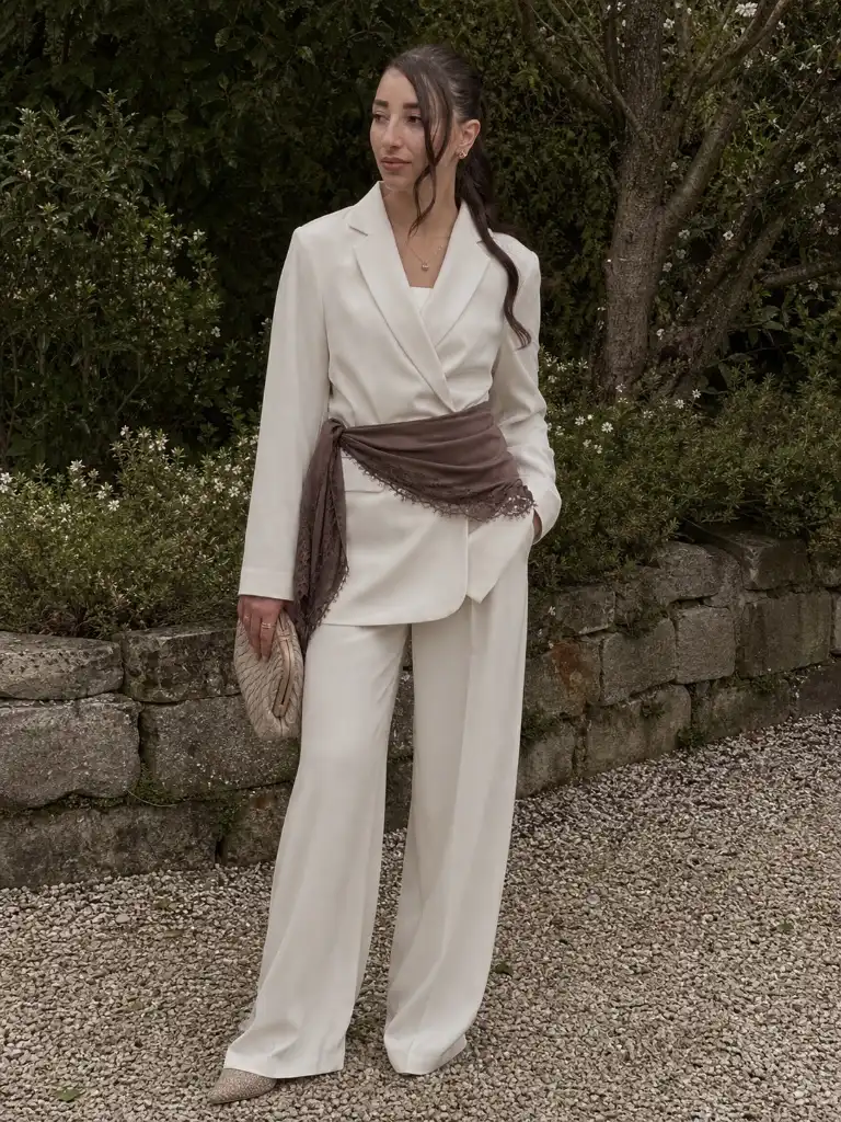 White blazer suit with brown lace sash belt