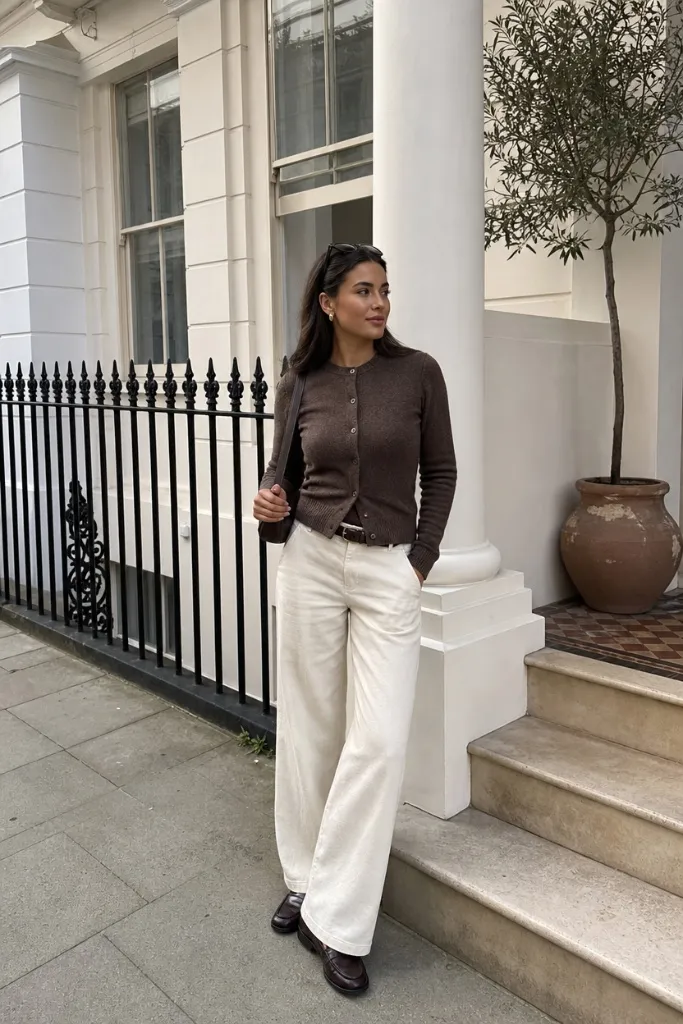 Brown button-front cardigan with cream wide-leg trousers