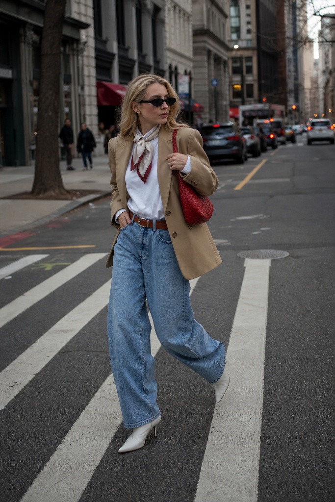 Woman crossing the street in camel blazer, neck scarf, baggy light jeans and white boots