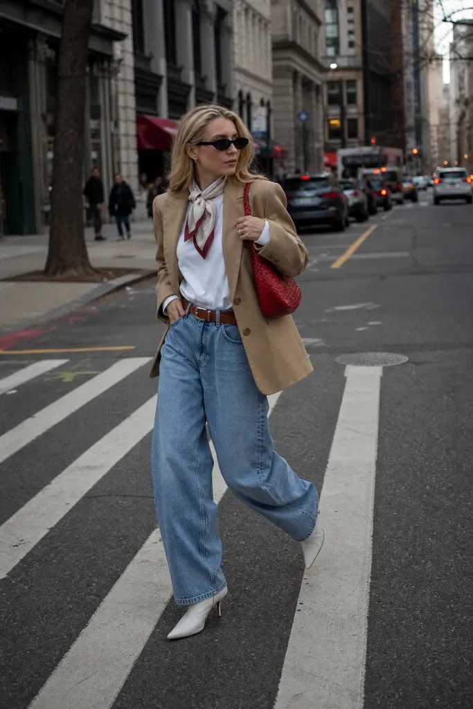 Woman crossing the street in camel blazer, neck scarf, baggy light jeans and white boots