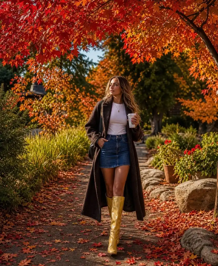 Long brown coat with denim mini skirt and gold boots in autumn setting