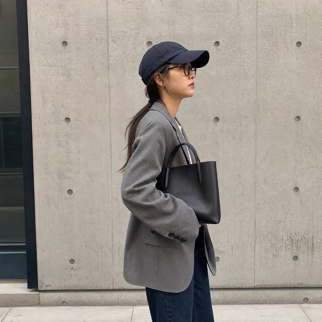 Side profile of a gray wool blazer over a white tee with dark jeans, a navy cap, and a black leather tote