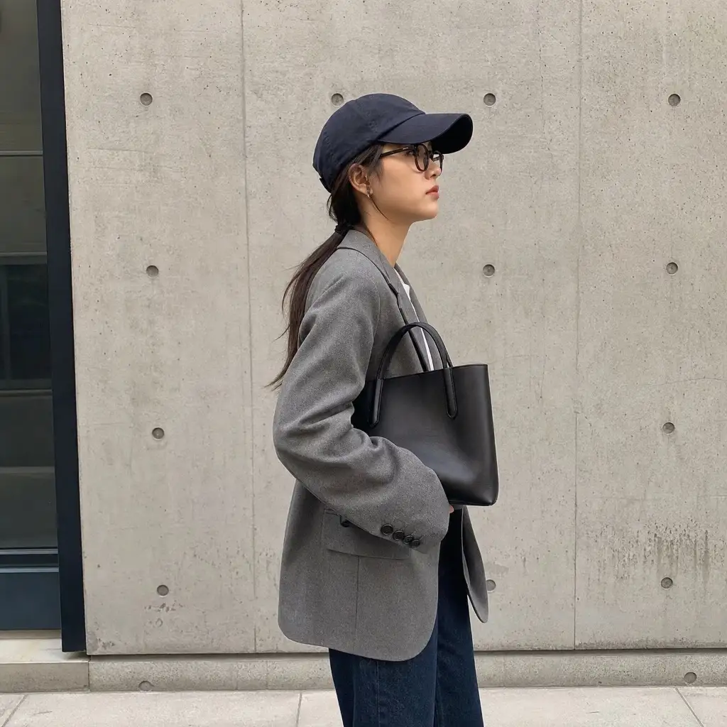 Side profile of a gray wool blazer over a white tee with dark jeans, a navy cap, and a black leather tote